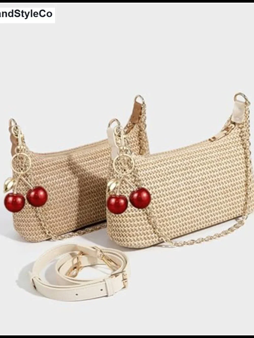 Woven Straw Cherry Pendant Shoulder Bag Crossbody Purse Summer Beach Tote